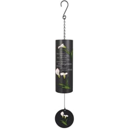 Black hanging wind chime with white calla lily design and memorial text