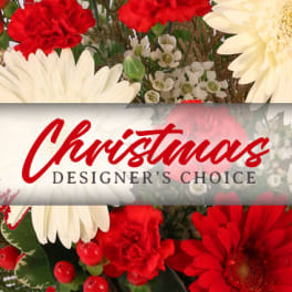 Christmas designer's choice floral arrangement with red and white blooms