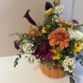 Mixed bouquet with orange, purple, white, and yellow flowers in a pumpkin-shaped container