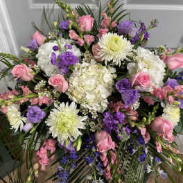 Large bouquet of pink, white, and purple flowers with chrysanthemums and roses