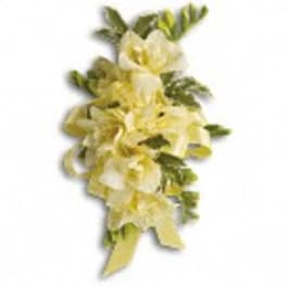 Yellow and white floral corsage with green accents