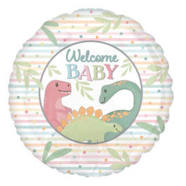 Round pastel balloon with "Welcome Baby" and cartoon dinosaurs