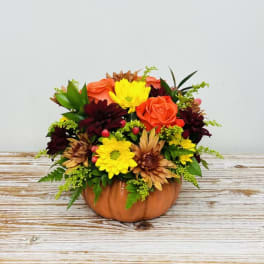 Mixed autumn bouquet arranged in a pumpkin container