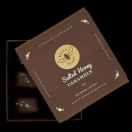 Box of salted honey caramels with a brown lid