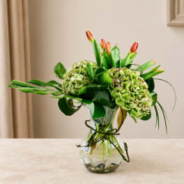Green hydrangea and tulip arrangement in a clear glass vase