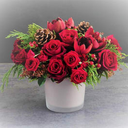 Red rose arrangement in a white vase with pinecones and greenery
