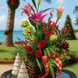 Holiday arrangement with lilies, red roses and green orchids in a wooden box with plaid bow
