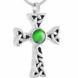 Celtic Cross with Green Stone Stainless Streel Cremation Urn Keepsake Pendant