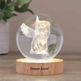 Crystal Keepsake Cat Orb with Wood LED Base