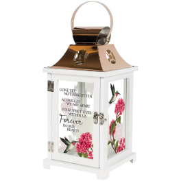 White memorial lantern with pink floral and hummingbird design