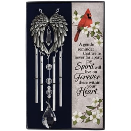 Memorial wind chime with silver angel wings and a cardinal-themed sympathy card