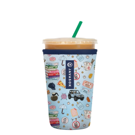 Insulated tumbler with a lid and straw in a patterned sleeve