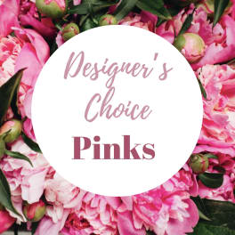 Pink peonies surround a white circle with the words "Designer’s Choice Pinks."