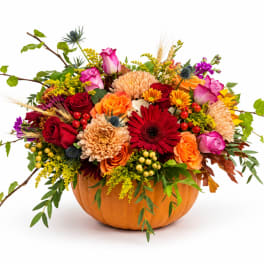Mixed flower arrangement in a pumpkin-shaped container