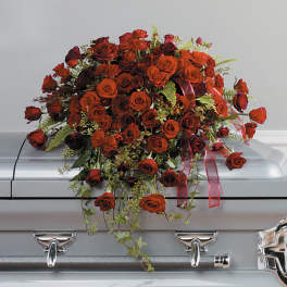 Red rose spray on a silver casket with trailing greenery and ribbon