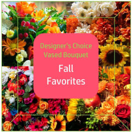 Fall-themed bouquet collage with sunflowers, roses, and mums around a pink title panel
