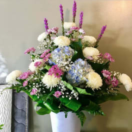 #151 WHITE MUM AND SPRING MIX ALTAR ARRANGEMENT