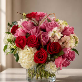 Bouquet of pink and red roses with white hydrangeas in a clear glass vase