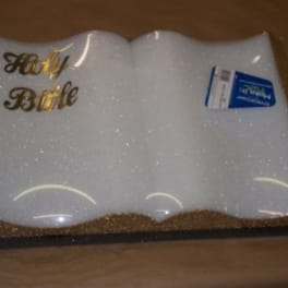 White glittery Holy Bible with gold lettering in plastic packaging