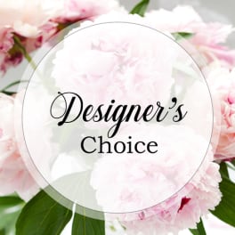 Pink peonies with a "Designer’s Choice" label