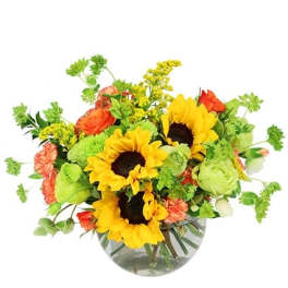 Sunflower bouquet with orange and green flowers in a glass vase