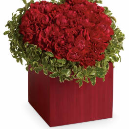 Red carnations in a red square container with variegated greenery