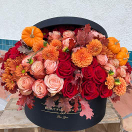 Orange pumpkins and red, peach, and orange flowers in a black hatbox