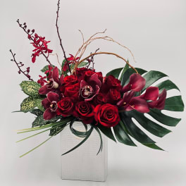Red roses and burgundy orchids in a white vase