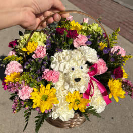 Basket of mixed flowers with a white teddy bear and pink ribbon
