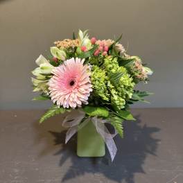 Pink gerbera bouquet in a green vase with a ribbon