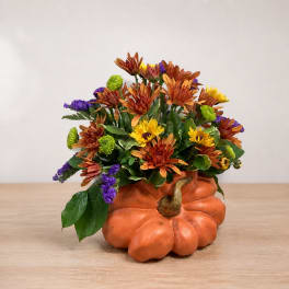 Autumn flower arrangement in a pumpkin-shaped container