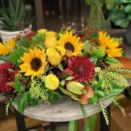 Yellow sunflowers and red blooms arranged in a low centerpiece