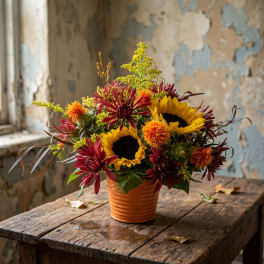 Autumn bouquet with sunflowers and burgundy mums in an orange pot