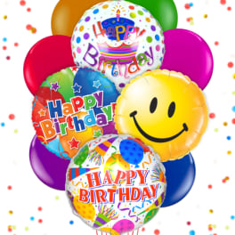 Cluster of colorful birthday balloons with confetti patterns and smiley faces