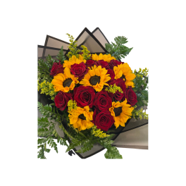 Bouquet of red roses and yellow sunflowers with greenery