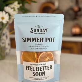 Package of stovetop potpourri with dried orange slices in a light blue pouch