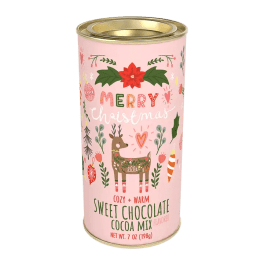 Pink Christmas cocoa mix tin with a reindeer illustration