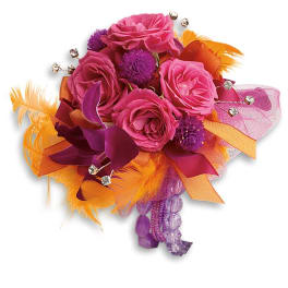 Bright pink rose bouquet with orange feathers and ribbon accents