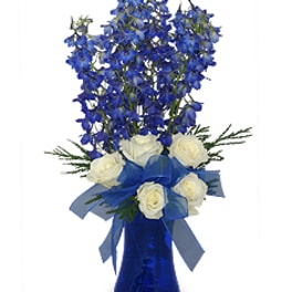 Blue delphinium and white roses in a blue vase with ribbon