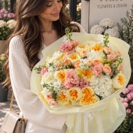 Woman holding a large pastel bouquet of roses and carnations wrapped in pale paper