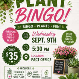 Promotional poster for a plant bingo event with potted plants and flowers