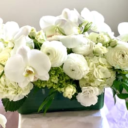 White orchids and pale blooms arranged in a green container