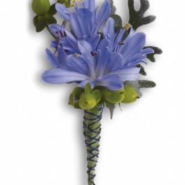 Blue flower boutonniere with green berries and dark foliage