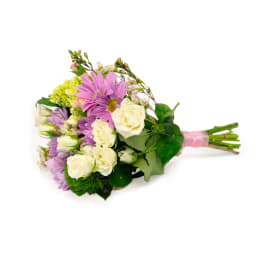 Bouquet of purple daisies and white roses tied with pink ribbon