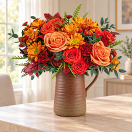 Orange and red flower arrangement in a brown pitcher vase