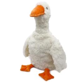White plush goose toy with orange beak and feet sitting upright