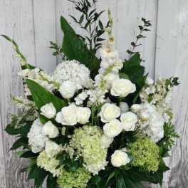 White roses and hydrangeas arranged in a white vase with tall greenery