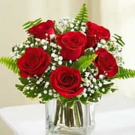 Red roses arranged in a clear square vase with white baby's breath