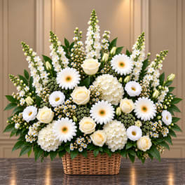 White floral arrangement in a wicker basket with roses and daisies