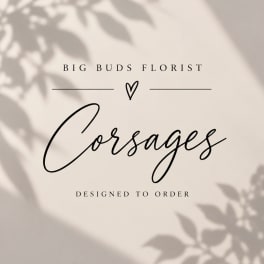 Text reading "Corsages" on a neutral background with leaf shadows